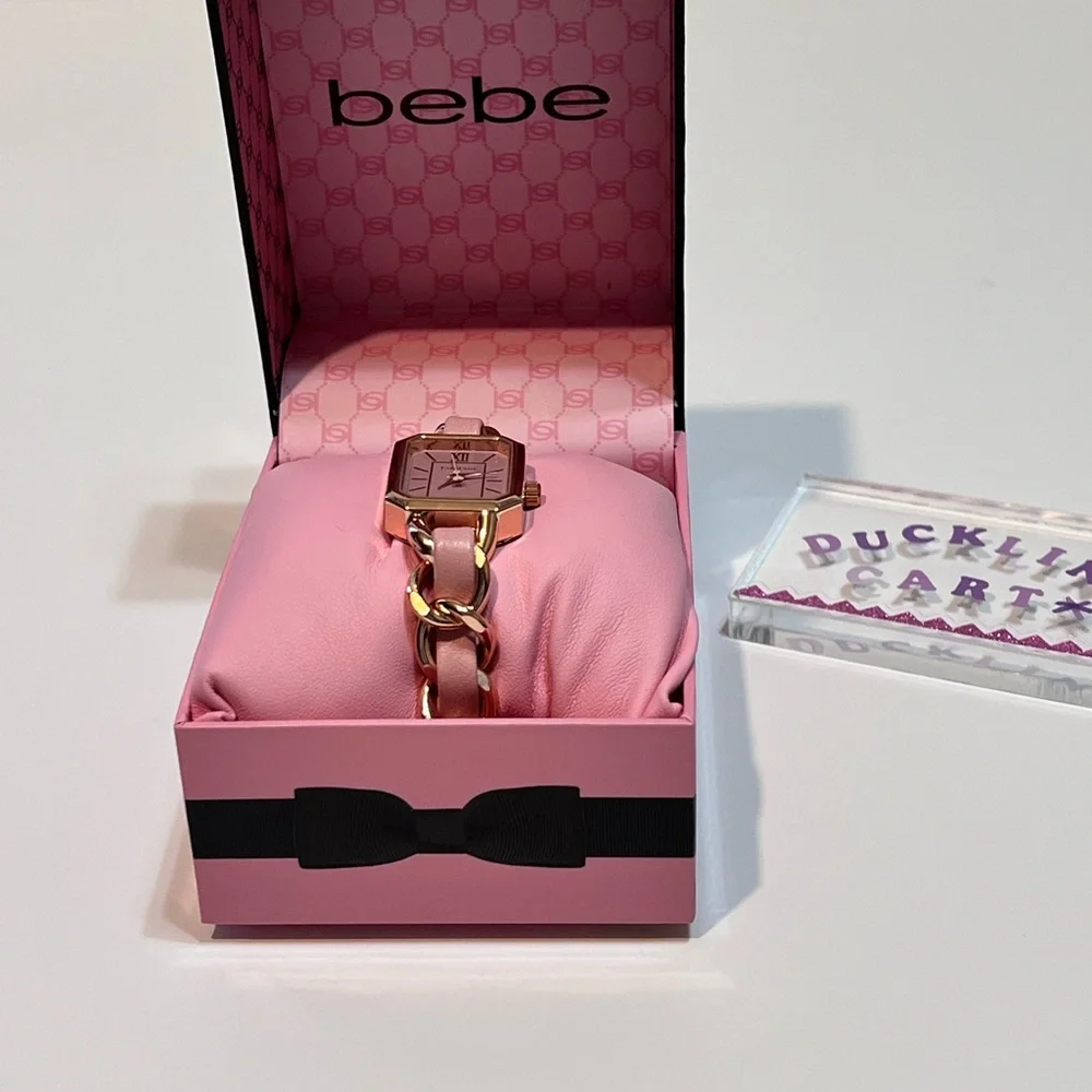 NWT bebe BABY PINK STRAP AND ROSEGOLD METAL CHAIN LINK BRACELET WATCH - Picture 6 of 12